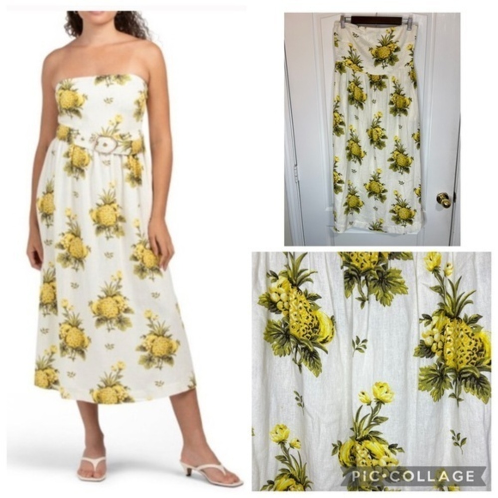Tahari Floral Strapless White and Yellow pineapple printed Dress size 6